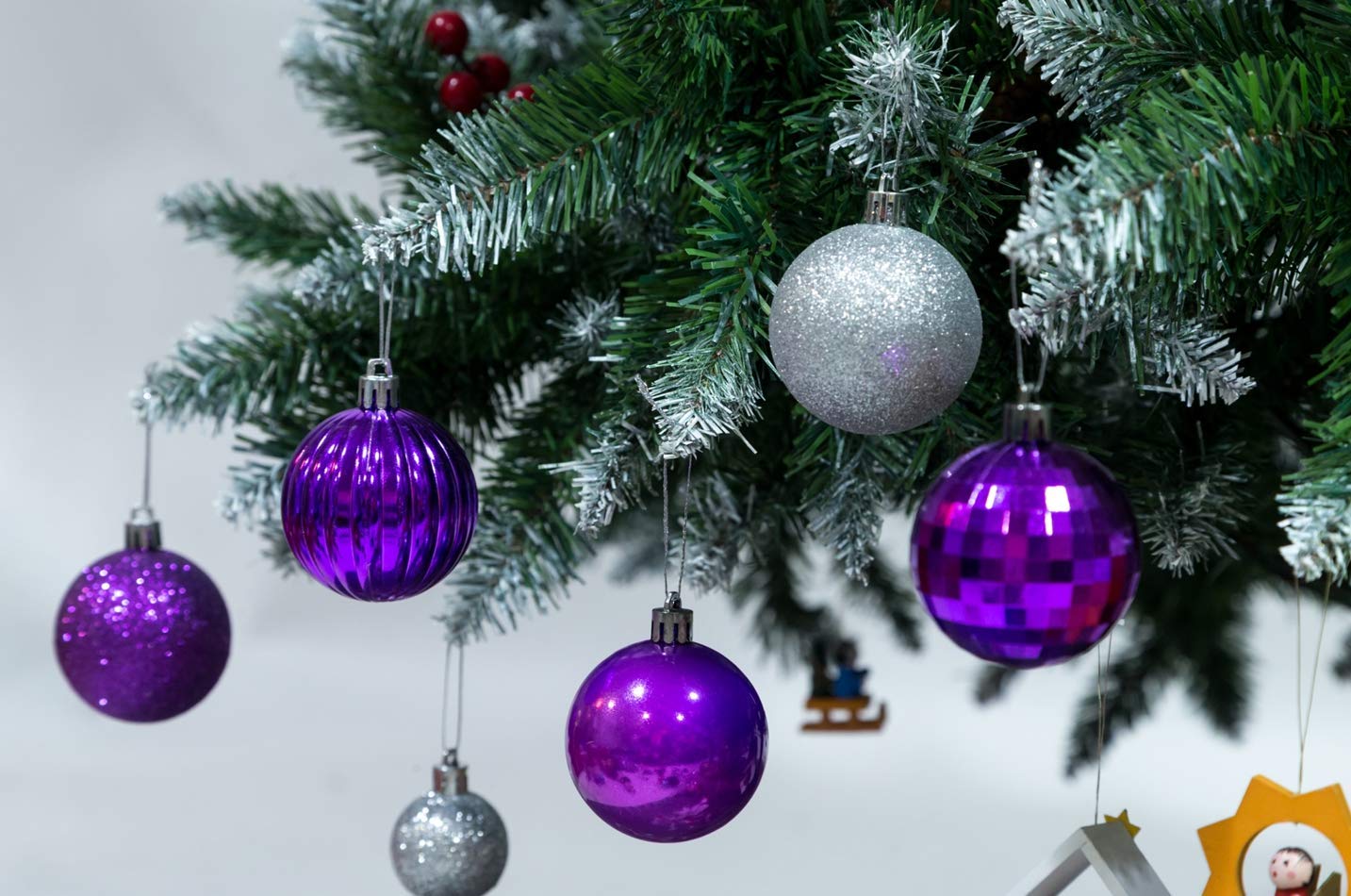 AUXO-FUN 28ct Shatterproof Christmas Ball Ornaments in 4 Classic Finishes for Christmas Tree Decoration (Purple, 2.36 Regular Si
